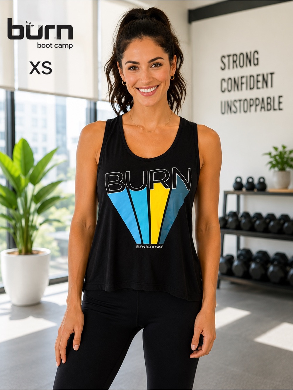 Burn Boot Camp XS Open Back Draped Muscle Tank Black Graphic Workout Top